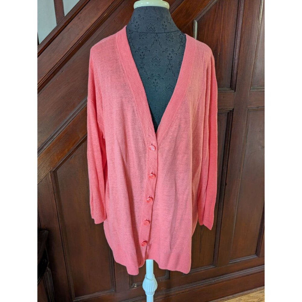 Talbots Womens Plus Size 1X Coral Pink Linen Button-Front Cardigan Sweater